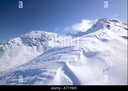 La cresta ovest di Bruach na Frithe, Cuillin ridge, Isola di Skye, Scozia, in pieno inverno condizioni Foto Stock