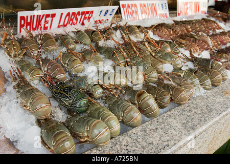 Una selezione di prodotti freschi Phuket aragoste su ghiaccio visualizzato in un ristorante di pesce. Patong, Phuket, Tailandia. Foto Stock