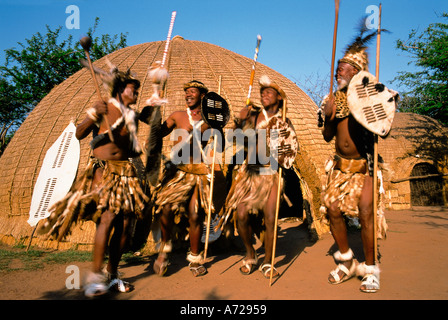 Zulu Warriors ballando e cantando Simunye KwaZulu Natal provincia Sud Africa Foto Stock