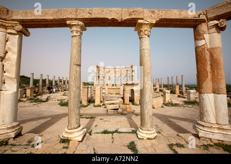 Il Marketplace a Leptis Magna in Libia dove Leptis agricoltori e mercanti e impostare le bancarelle di vendere le loro merci Foto Stock