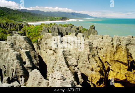 Pancake Punakaiki Rocks in Paparoa National Park Isola del Sud della Nuova Zelanda vista sud Foto Stock