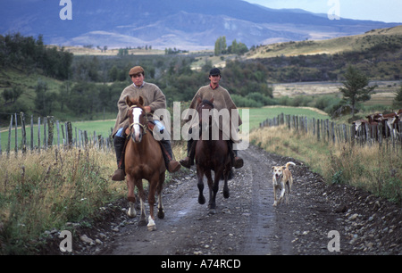 Sud America, Cile, regione Aisen, Valle dei sette laghi, uomini su cavalli e un cane Foto Stock