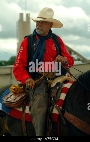 Un cowboy a cavallo in Bandera Texas Foto Stock