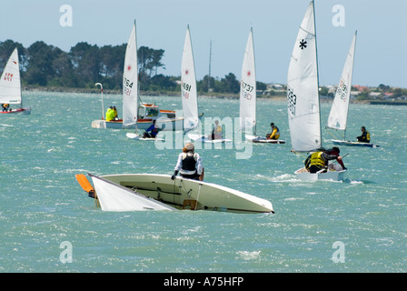 Un rovesciamento sailor guarda come i suoi concorrenti a portare la gara in Christchurch's Avon Heathcote estuario Nuova Zelanda Foto Stock