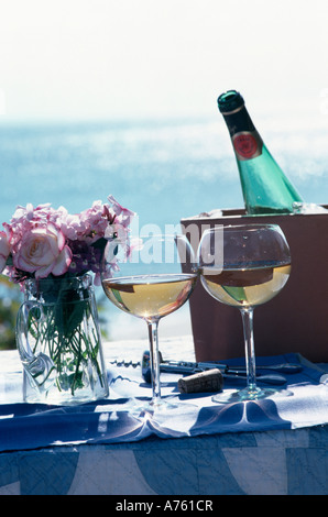 Le rose rosa in vaso di vetro accanto a due bicchieri di vino bianco e una bottiglia nello scambiatore di calore accanto all'oceano Foto Stock