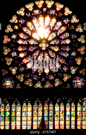 Circolare in vetro colorato presso la cattedrale di Notre Dame a Parigi Francia. Foto Stock