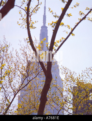 In alto di Empire State Building da Central Park in primavera New York Foto Stock