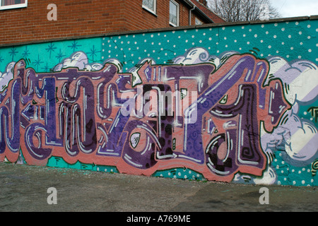 Graffitti arte urbana su pub parcheggio auto parete in Worsbrough Foto Stock