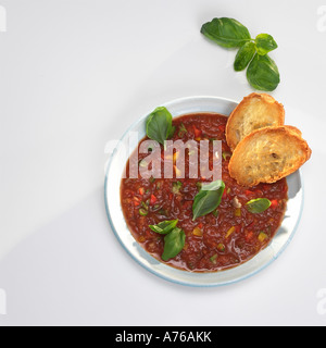 Gazpacho, Spagnolo freddo zuppa di pomodoro nel recipiente Foto Stock