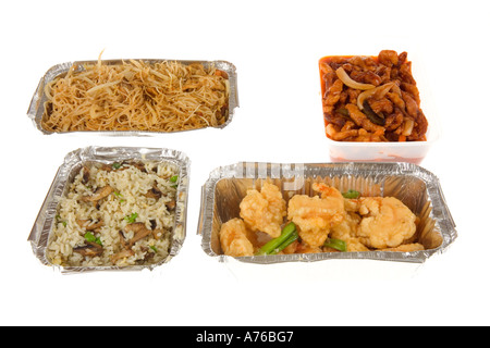 Cinese di contenitori da asporto di cibi preparati al momento su un puro sfondo bianco. Foto Stock