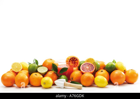 Vari agrumi con un bicchiere di succo di frutta e sqeezer Foto Stock