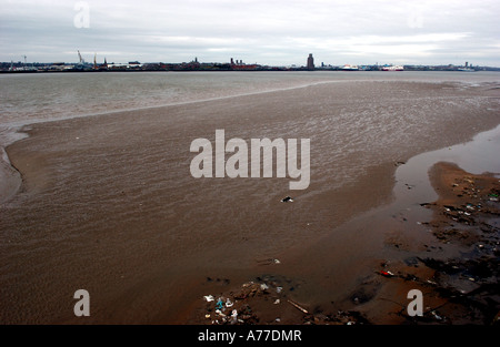 Velme a bassa marea lungo il fiume Mersey a Liverpool con Birkenhead sulla sponda opposta REGNO UNITO Foto Stock