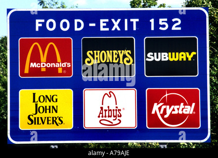 Uscita alimentare Mc Donald Shoney alla metropolitana Arbuys Krystal Long John Silver cartello stradale Foto Stock