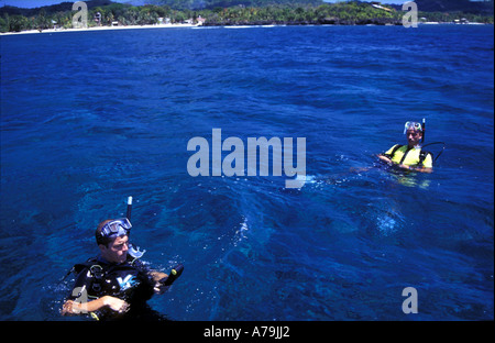 In procinto di dive Half Moon Bay a parete con la città di West End in background Roatan Bay Islands Honduras Caraibi n. MR Foto Stock