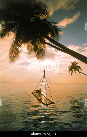 Hat in appoggio sul dondolo appesi da Palm tree su acque calme di sunrise in Maldive Foto Stock