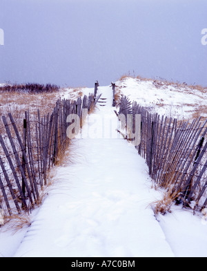Percorso spiaggia in inverno dopo la neve fresca con staccionata in legno "Cape Cod" Foto Stock