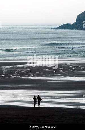 Due surfer stagliano camminando lungo la spiaggia Foto Stock
