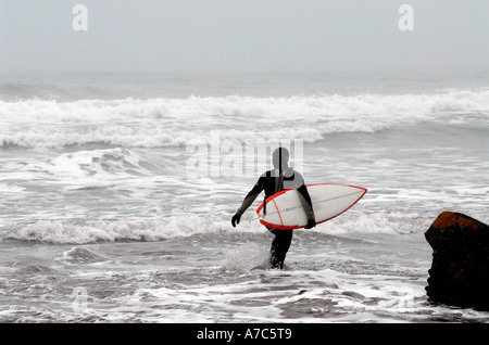 Il surfer che entra in mare Foto Stock