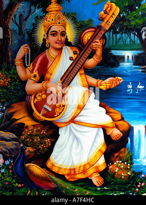 Saraswati dea Indù di saggezza di apprendimento della musica e delle arti Foto Stock