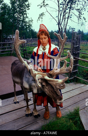 Sami donna con le renne, Sami donna, renne, Konttaniemi fattoria di renne, a nord di Rovaniemi, al di sopra del Circolo Polare Artico, Lapponia, Finlandia Foto Stock