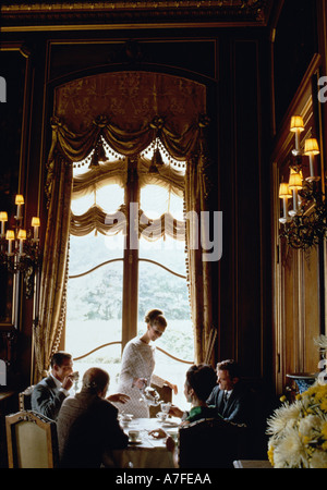 Hostess femmina che serve tè da un gruppo di uomini di affari di parlare a un tavolo nella elegante sala da pranzo Foto Stock