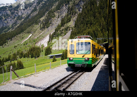 Ruota dentata treno nota guida del centro con i denti si arrampica da Wengen a Kleine Scheidigg nelle alpi svizzere al di sopra di Interlaken Giugno 2006 Foto Stock