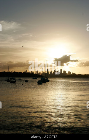 Tramonto sulla skyline di Sydney prese da Watson Bay. Sydney New South Wales, Australia. Foto Stock