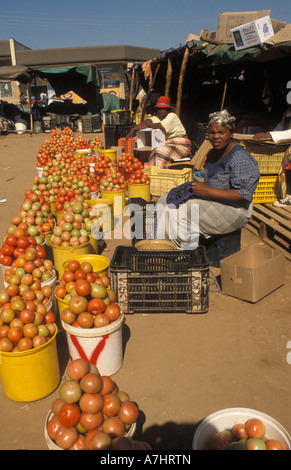 Donna di pomodori di vendita nel mercato di Manzini in Swaziland Foto Stock