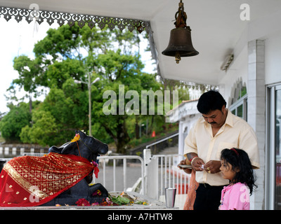 Ganga Talao Grand Bassin Maurizio padre e figlia preparare le offerte per Nandi Foto Stock