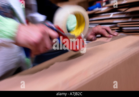 Lavoratore di magazzino la nastratura di scatole di cartone Foto Stock