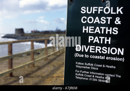 Sentiero pubblico segno di diversione a causa di erosione costiera a East Lane, Bawdsey, Suffolk, Regno Unito. Foto Stock