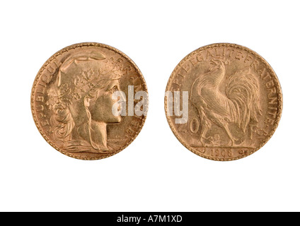 1908 20 venti franc moneta in oro con la Rooster e testa di Marianne Foto Stock