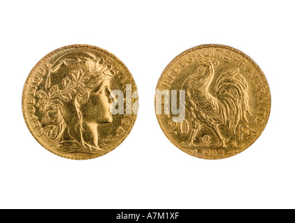 1905 venti 20 franc moneta in oro con la Rooster e Marianne testa Foto Stock