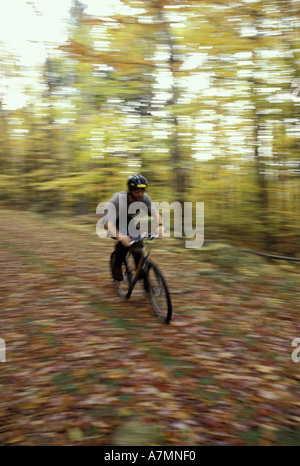 America del Nord, noi, NH, Mountain Bike su una vecchia strada di registrazione vicino a Loon Mountain in Lincoln. Caduta. (MR) Foto Stock