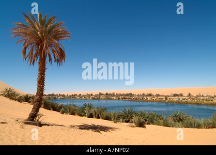 Lago Gebraoun (Ubari Laghi), Oasi nel Idehan Ubari mare di sabbia, il Deserto del Sahara, Libia Foto Stock