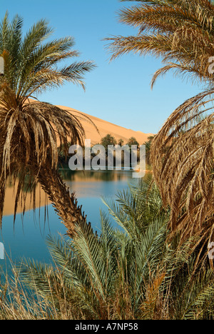 Umm al-Maa Lago (Ubari Laghi), Oasi nel Idehan Ubari mare di sabbia, il Deserto del Sahara, Libia Foto Stock