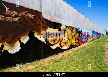 Arte Urbana / colorate arte urbana dipinta su un muro di fabbrica.Situato nel sobborgo di Ascot Vale.Melbourne Victoria Australia. Foto Stock