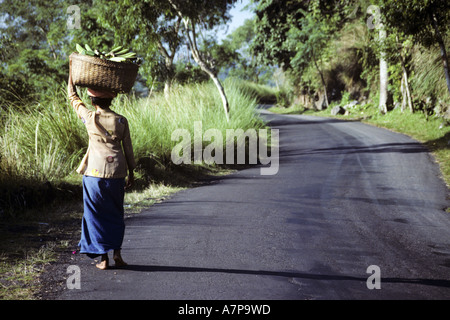 Donna con banane su una strada del villaggio, Indonesia Bali, Tirtagangga Foto Stock