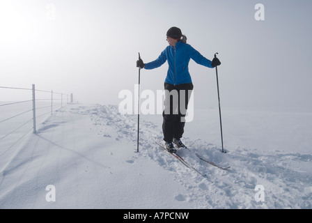 Donna cross country sciatore sullo sci nordico in whiteout Boulder Colorado USA Foto Stock