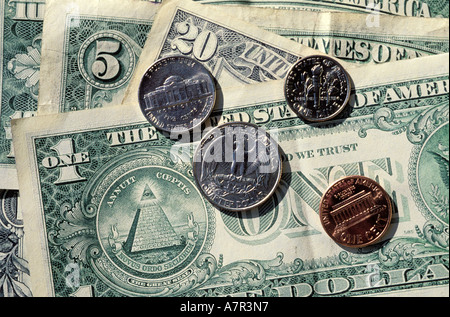 Stati Uniti, New York, American monete e banconote Foto Stock