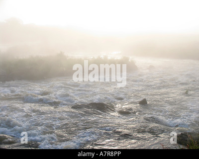 Turbulent waters of a river during a misty morning South Africa Foto Stock