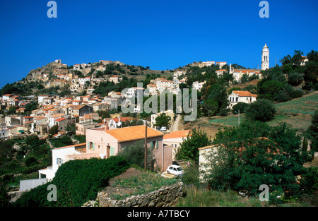 Case sulla collina, Corbara, Balagne, Corsica, Francia Foto Stock