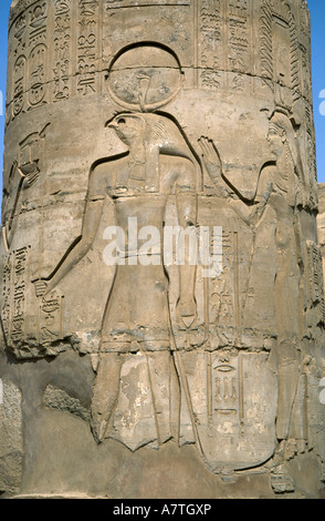 Close-up di colonna scolpita del tempio antico Tempio di Kom Ombo, Kom Ombo, Egitto Foto Stock