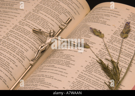 Premuto fiori di lavanda con cristiana Santa Bibbia e croce Foto Stock