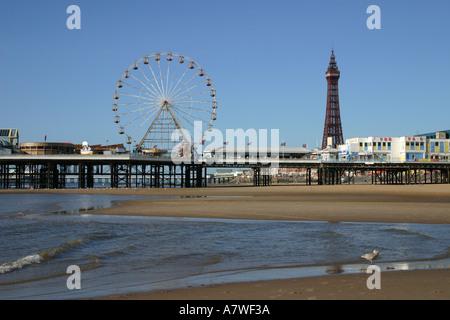 La Blackpool Tower e la ruota grande molo centrale Foto Stock
