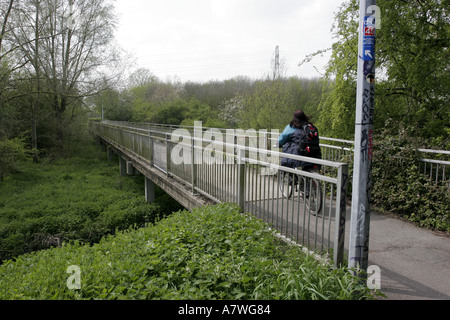 Ciclista su strada ciclabile oltre il ponte con la nazionale rete ciclabile segno sulla lampada post Foto Stock