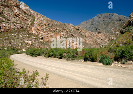 Una strada di ghiaia che conduce attraverso la Groot Swartberge mountain range in Sud Africa la provincia del Capo occidentale. Foto Stock