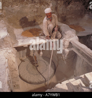 Miller macinazione del mais per la farina all'interno del mulino di Swat Canal, Swabi Valley, (ex Provincia di frontiera nord-occidentale) Provincia di Khyber Pakhtunkhwa, Pakistan Foto Stock