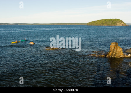 Sea Kayakers in francese Bay come visto dalla riva percorso in Bar Harbor, Maine. Bald Porcupine isola è a distanza Foto Stock