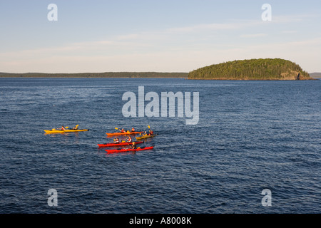 Sea kayakers in francese Bay come visto dalla riva percorso in Bar Harbor Maine USA Foto Stock